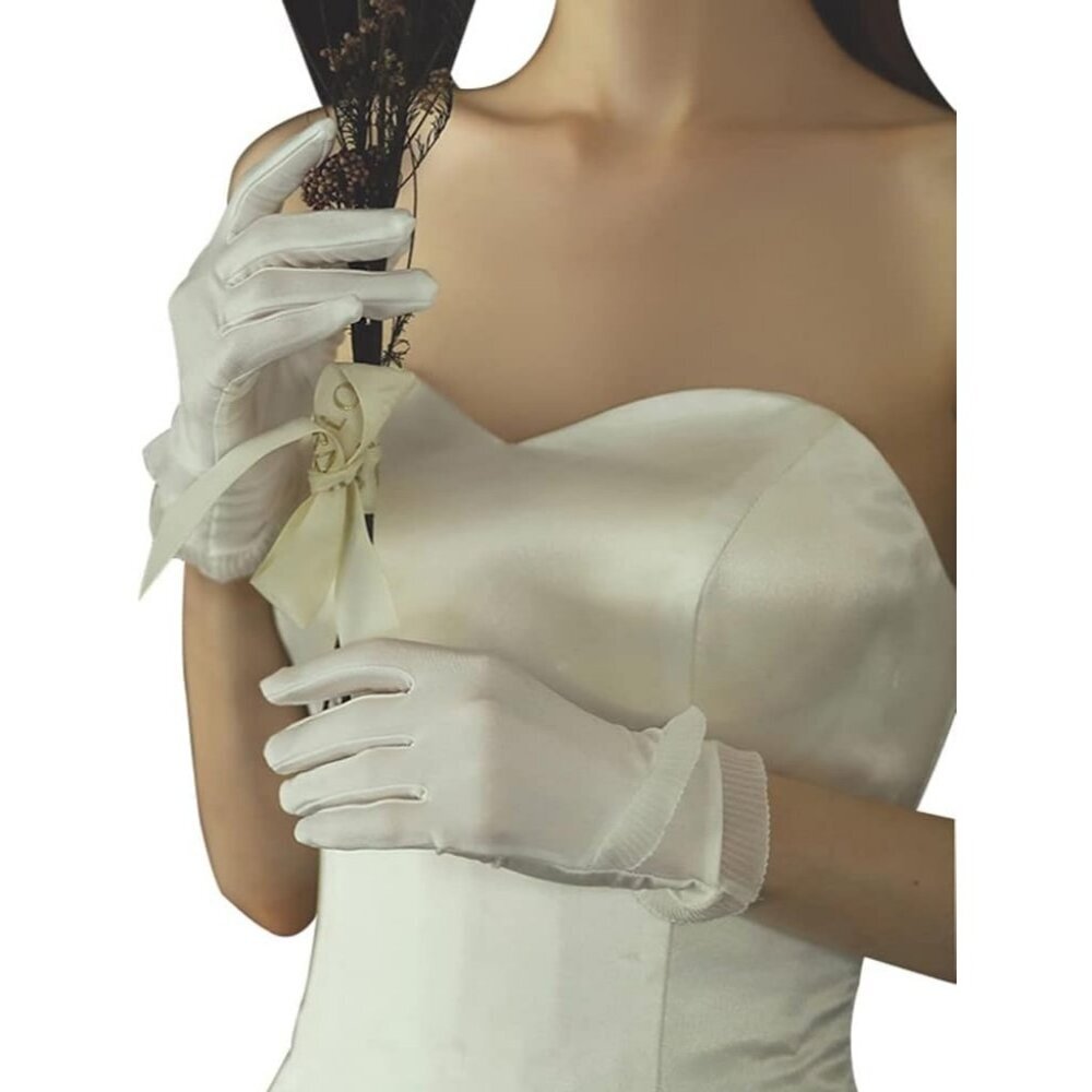 Women's White Short Length Satin Wrist Gloves Stretchy Wedding Party Prom